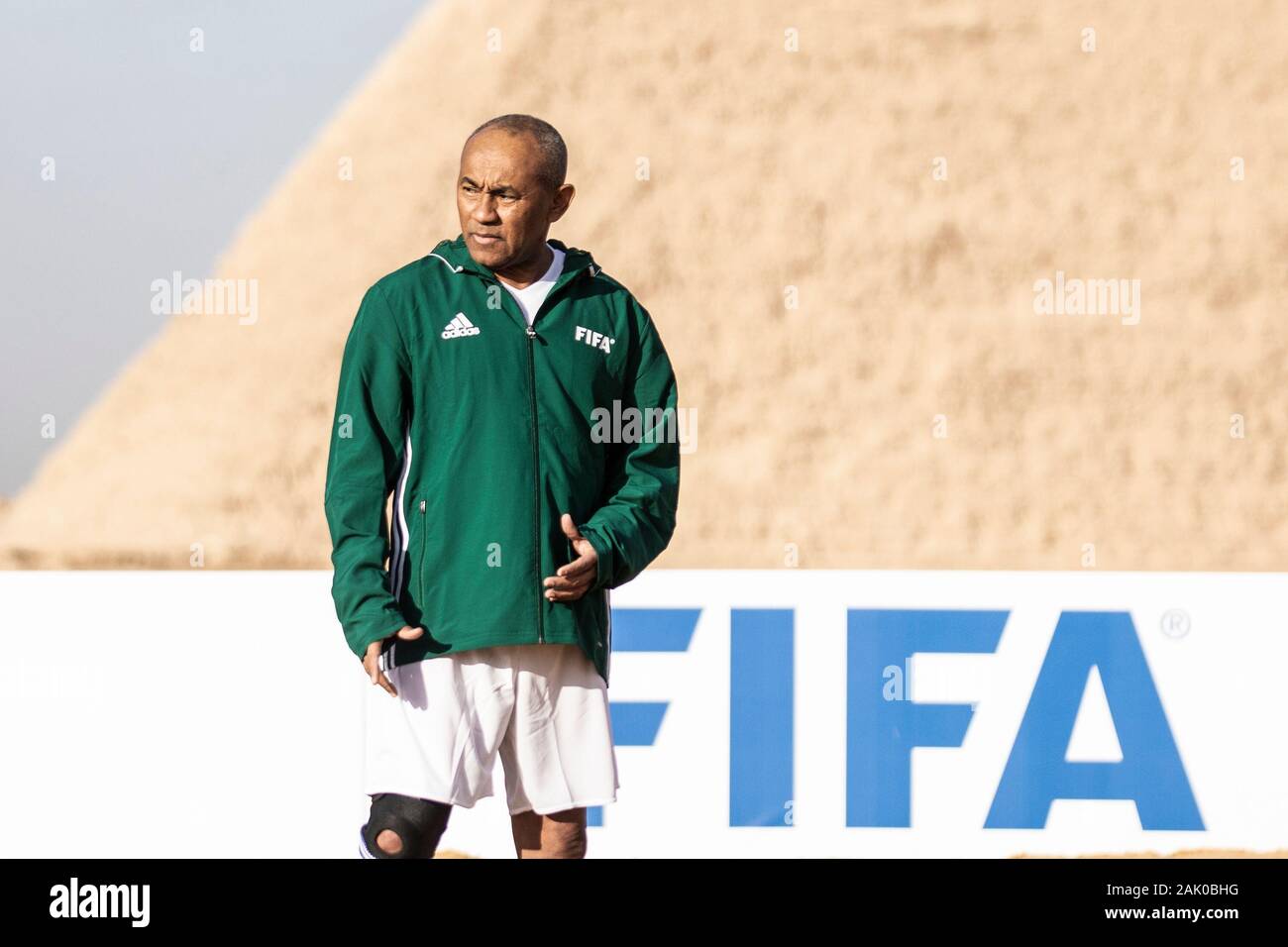 Giza, Egypt. 06th Jan, 2020. CAF President Ahmad Ahmad is pictured during the CAF and FIFA Legends soccer match at the Giza Pyramids complex, ahead of the CAF awards 2019. The CAF awards 2019 Gala is scheduled to be held in Hurghada on 07 January 2020. Credit: Omar Zoheiry/dpa/Alamy Live News Stock Photo