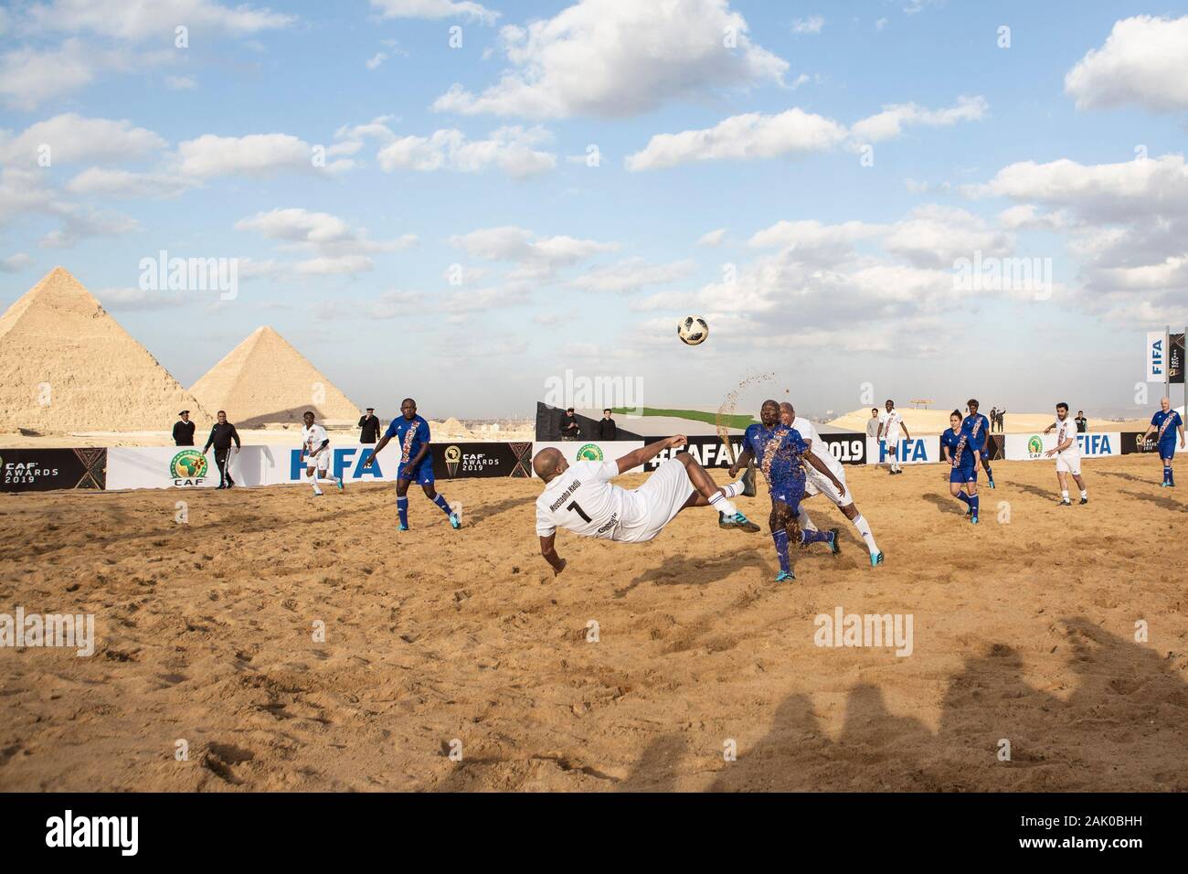 Giza, Egypt. 06th Jan, 2020. A view of the exhibition match between the CAF and FIFA Legends at the Giza Pyramids complex, ahead of the CAF awards 2019. The CAF awards 2019 Gala is scheduled to be held in Hurghada on 07 January 2020. Credit: Omar Zoheiry/dpa/Alamy Live News Stock Photo