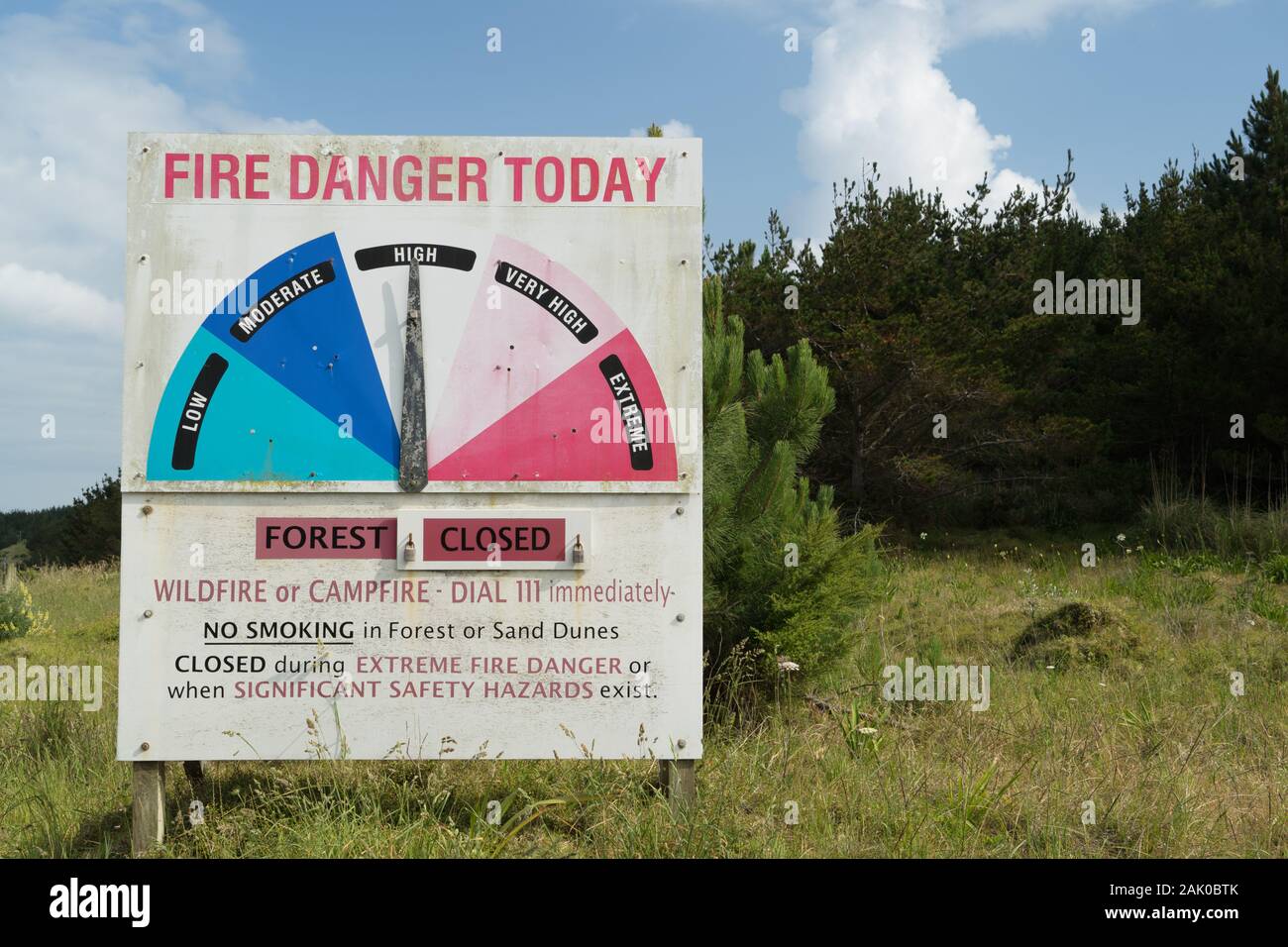 Muriwai, West Coast, Auckland, Northland, New Zealand. High fire danger today forest closed no smoking no campfires warning sign extreme very high Stock Photo