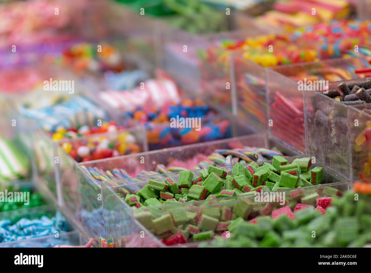 Rubber candies in all kinds of colors and flavors. In the form of hearts, teddy bears, bananas, stars, snakes and much more. Tasty fresh and good. Stock Photo