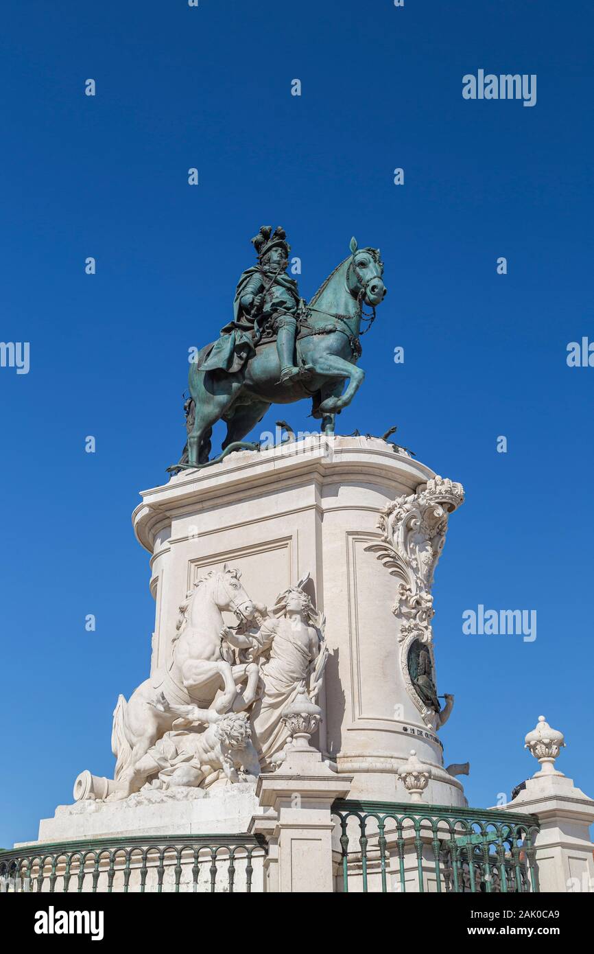Statue of King Jose I at the Praca do Comercio square in Baixa district in Lisbon, Portugal, on a sunny day. Stock Photo
