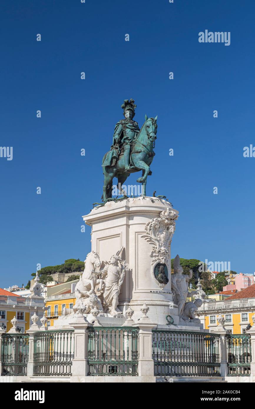 Statue of King Jose I at the Praca do Comercio square in Baixa district in Lisbon, Portugal, on a sunny day. Stock Photo