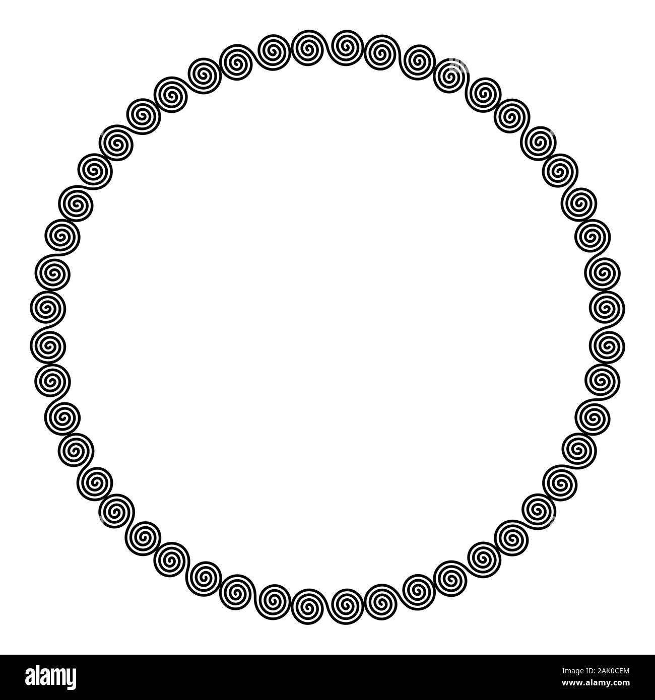 Circle shaped frame of linear double spirals. Interlocked, combined spirals, a decorative border, constructed from lines, shaped into a repeated motif Stock Photo