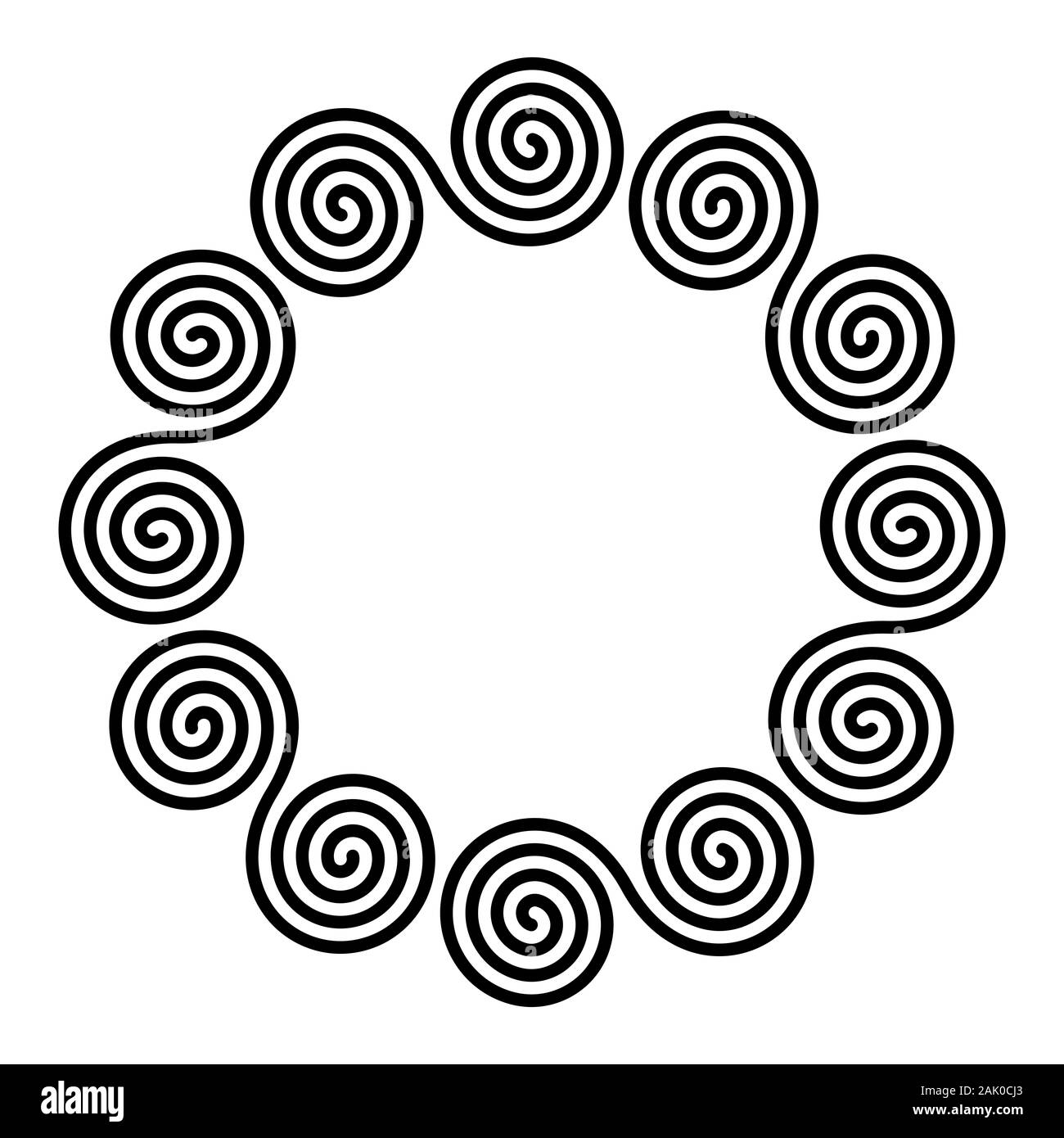 Small circle shaped frame of six linear double spirals. Interlocked combined spirals forming a decorative motif, constructed from repeated lines. Stock Photo