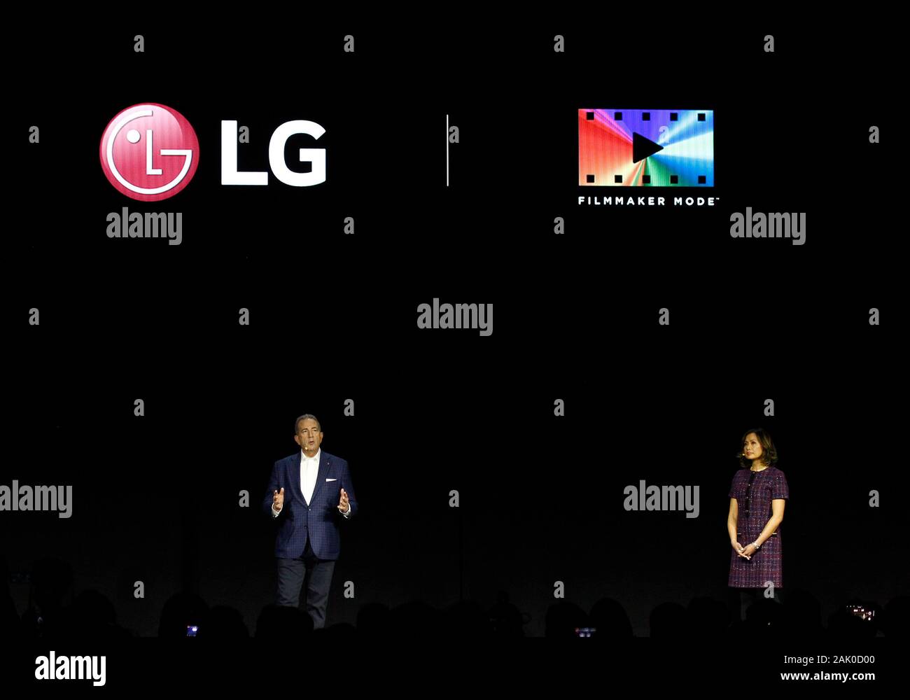 Las Vegas, United States. 06th Jan, 2020. Tim Alessi, Head of Home Entertainment Product Marketing LG Electronics USA (L) and Michelle Fernandez, Head of Home Brand Marketing LG Electronics USA speak on stage during the 2020 International CES, at the Mandalay Bay Convention Center in Las Vegas, Nevada on Monday, January 6, 2020. Photo by James Atoa/UPI Credit: UPI/Alamy Live News Stock Photo