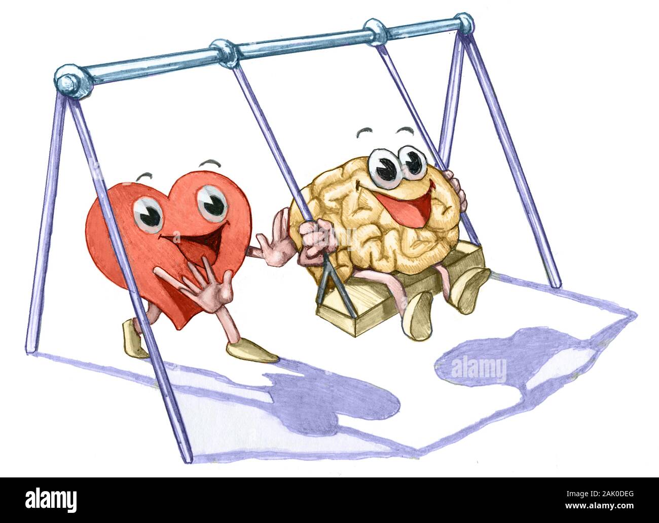 heart pushes on swing the brain allegory of collaboration between intelligence and feelings Stock Photo
