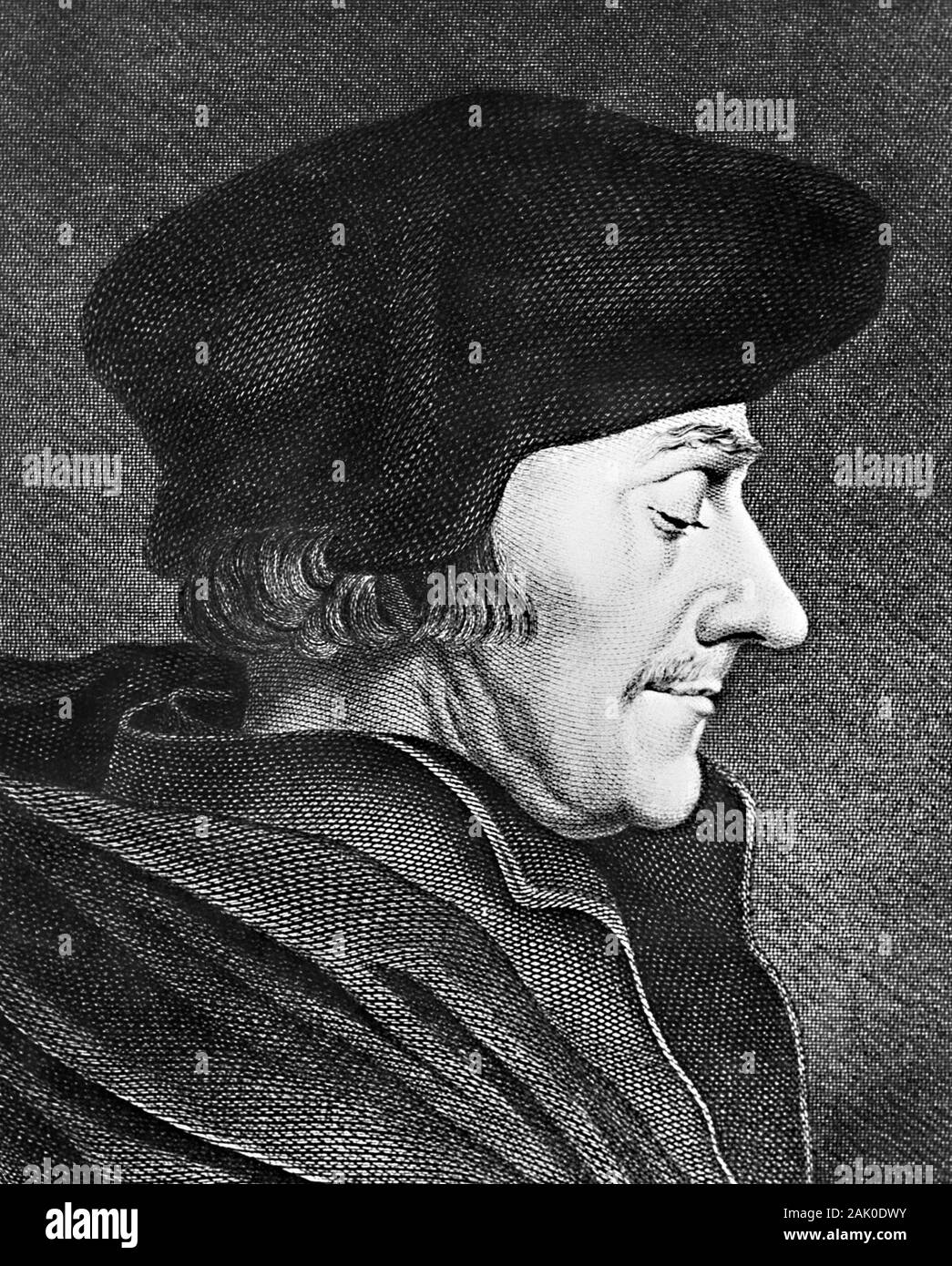 Engraving of Desiderius Erasmus Roterodamus (1466-1536), usually referred to as Erasmus of Rotterdam or simply Erasmus. Erasmus was a Dutch philosopher, Bible translator, and Christian humanist widely considered one of the greatest scholars of the northern Renaissance. Stock Photo