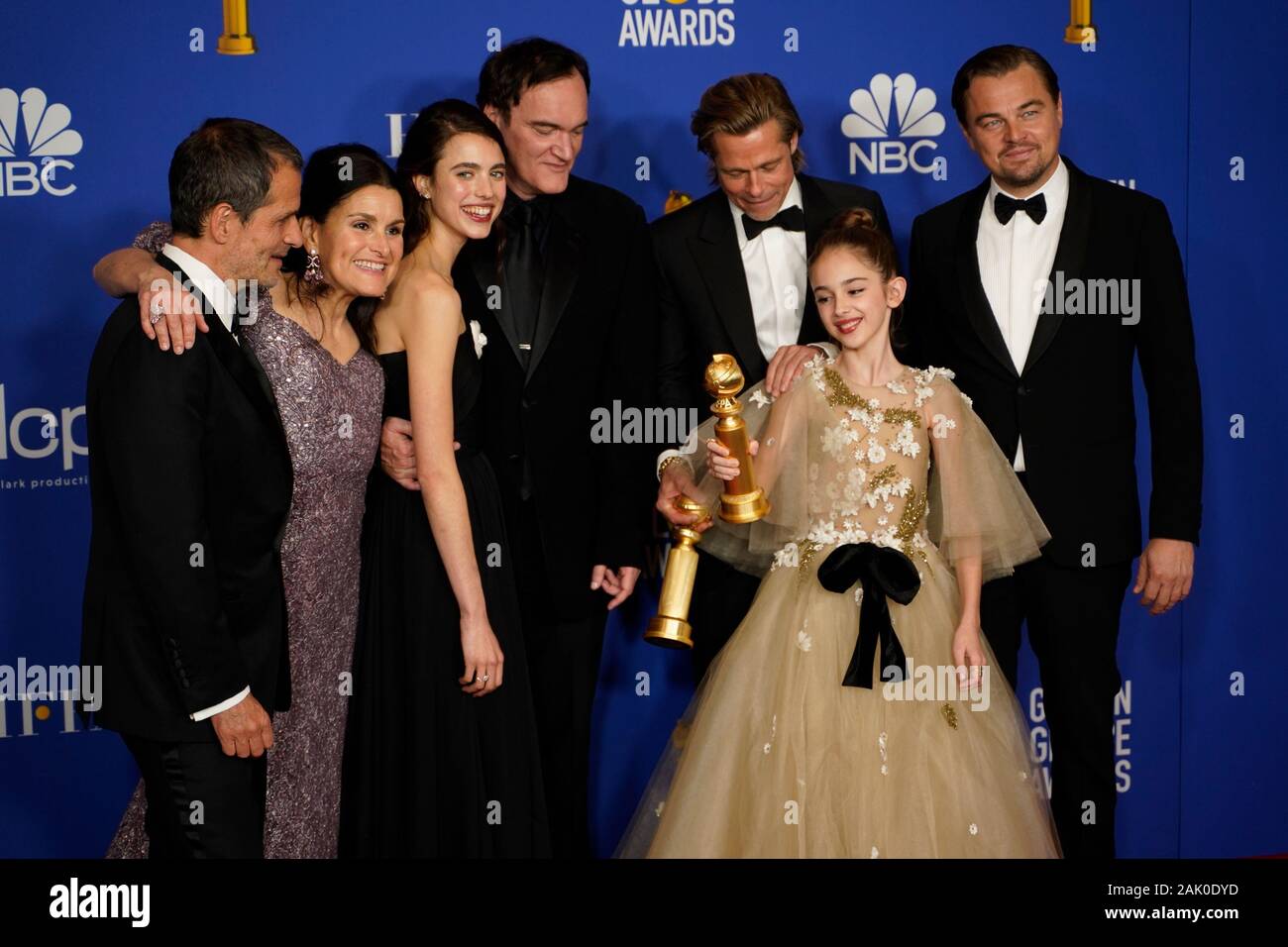 (L-R) David Heyman, Shannon McIntosh, Margaret Qualley, Quentin Tarantino, Julia Butters, Brad Pitt, and Leonardo DiCaprio pose in the press room during the 77th Annual Golden Globe Awards at The Beverly Hilton Hotel on January 05, 2020 in Beverly Hills, California (Photo by Jose Quintanilla / Sipa USA) Stock Photo