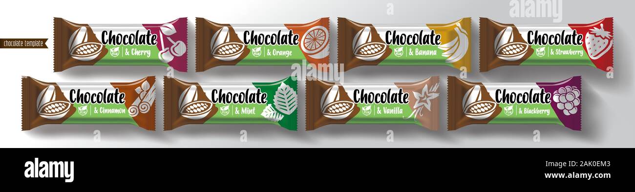 Chocolate bar vector packaging design. Fruit and spicy chocolate set ...