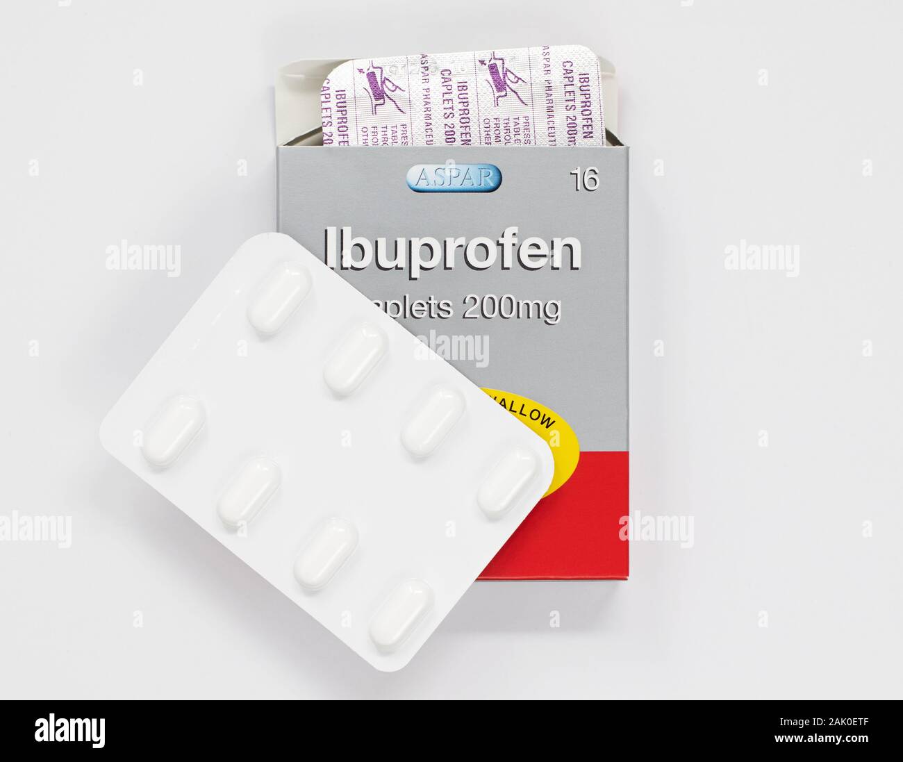 London / UK - December 29th 2019 - Packet of Ibuprofen painkillers and blister packs, 200mg from Aspar from above on a white backrgound Stock Photo