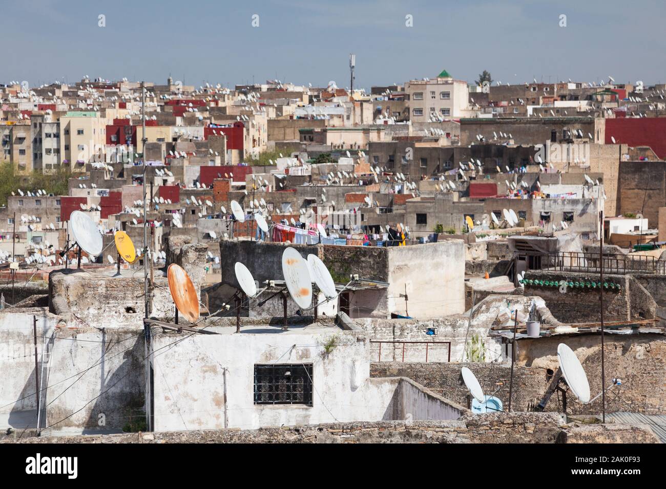 Many satellite dishes on the rooftops of buildings in Fes (also known as Fez), Morocco Stock Photo