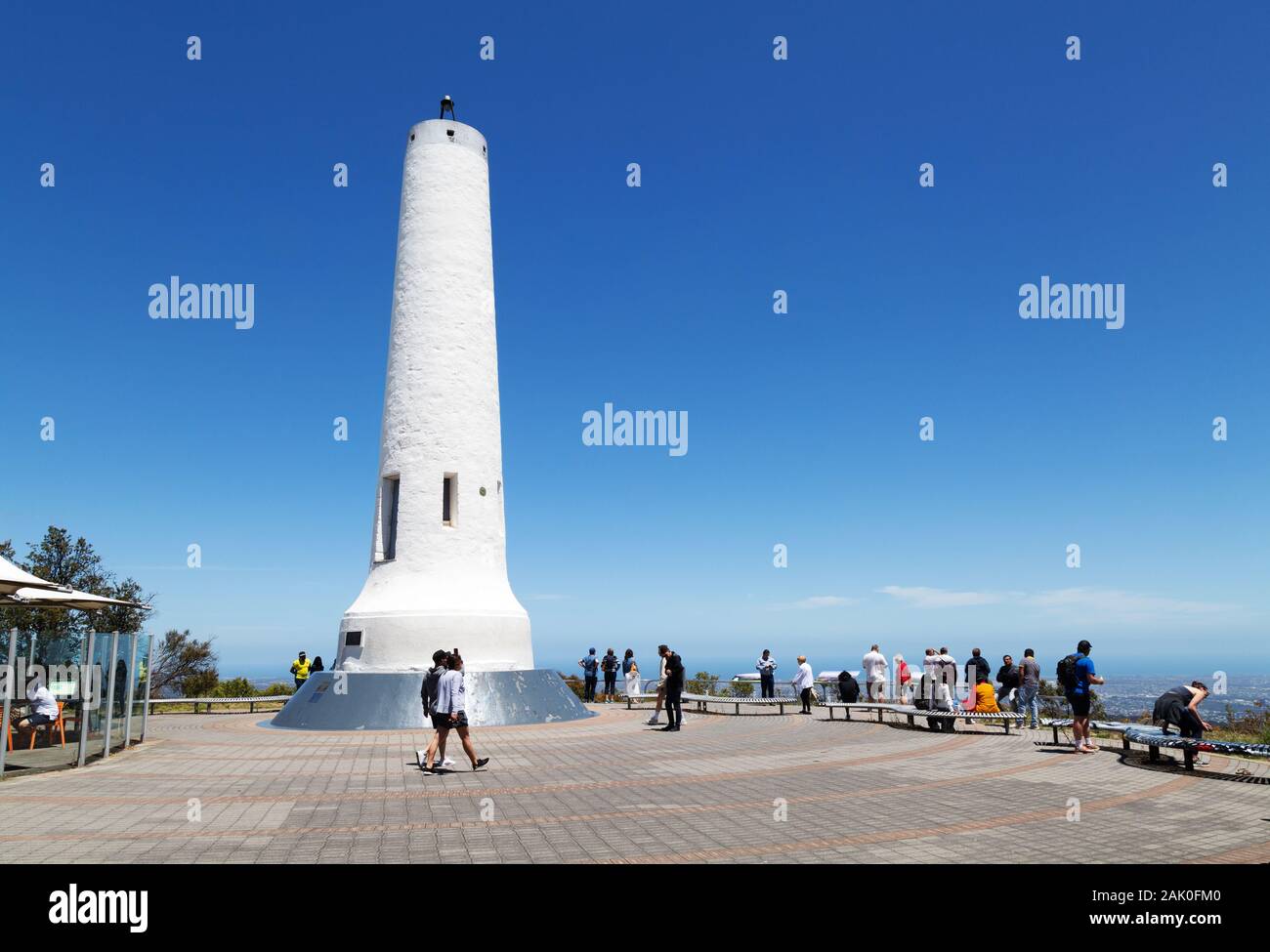 Mount Lofty Adelaide - tourists at Flinders Column, the obelisk at the summit of Mt Lofty in the Adelaide Hills, Adelaide Australia Stock Photo