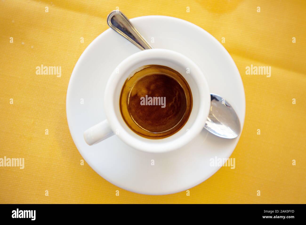 close up of single espresso in a cup shop from above on a table Stock Photo