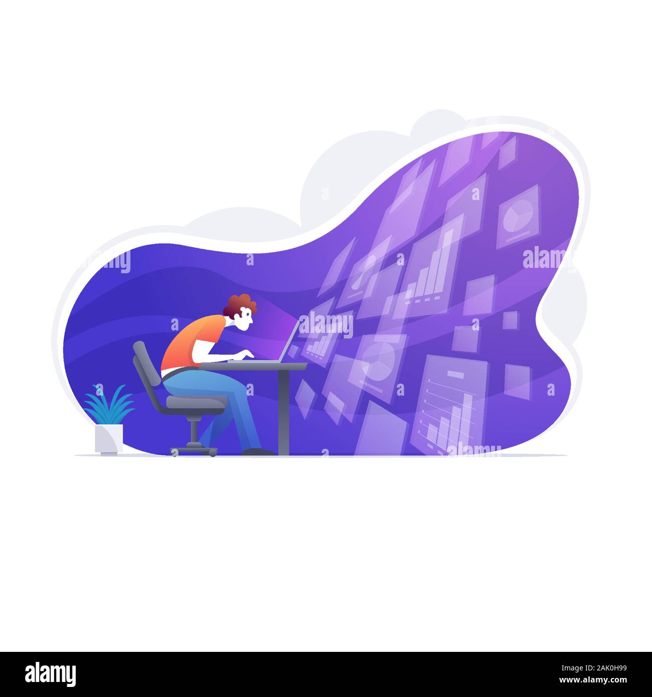Positive businessman doing big data analysis on tablet computer, Big data, big data analysis, big data technology, database analytics, Stock Vector