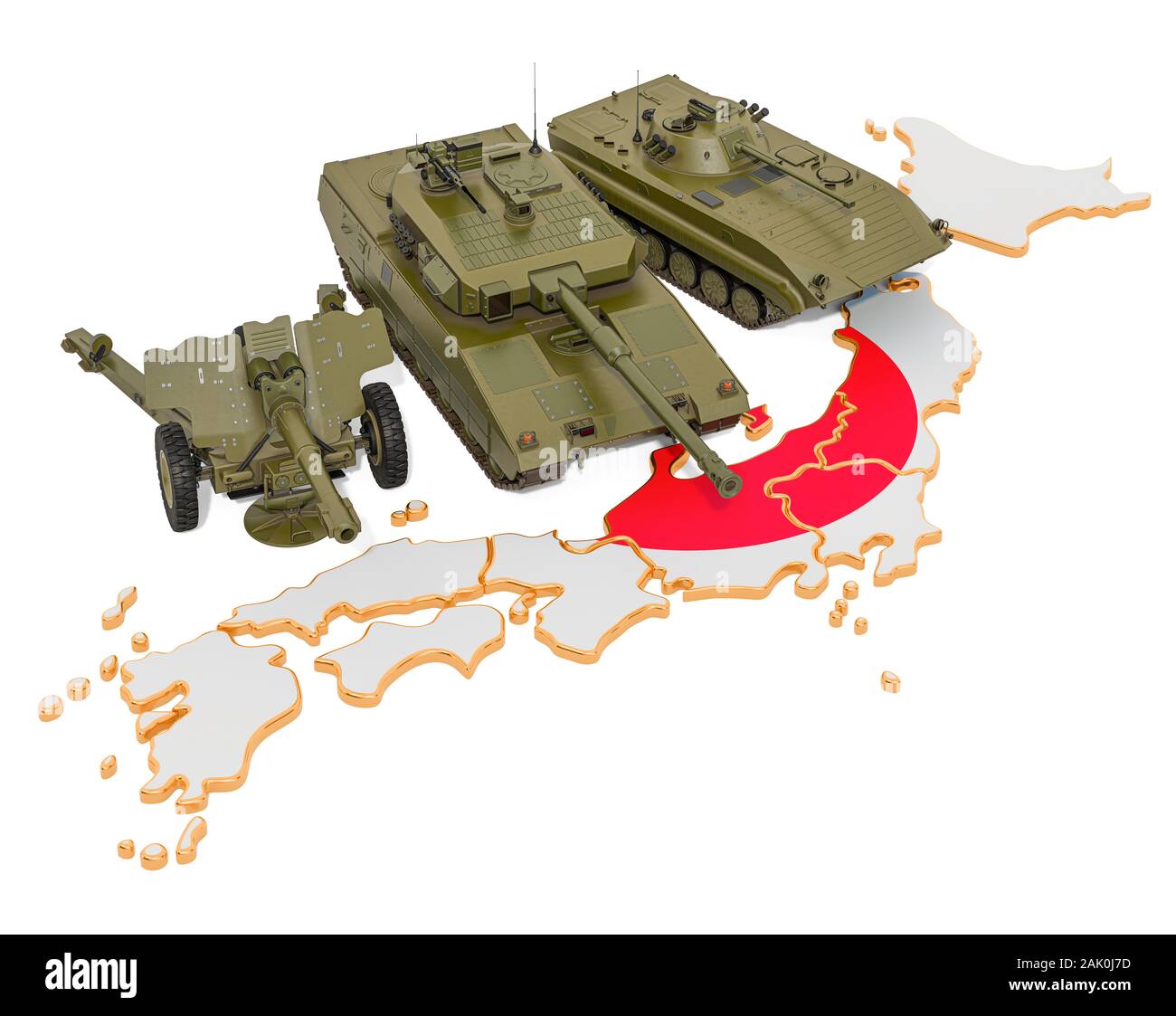 Combat vehicles on Japanese map. Military defence of Japan concept, 3D rendering isolated on white background Stock Photo