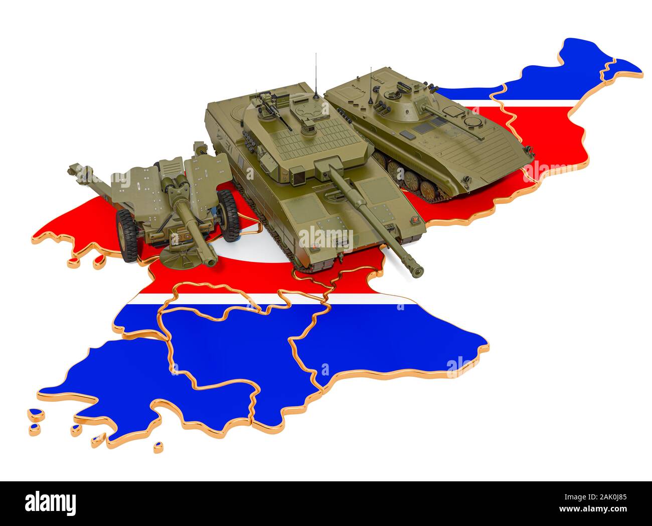 Combat vehicles on North Korean map. Military defence of North Korea concept, 3D rendering isolated on white background Stock Photo