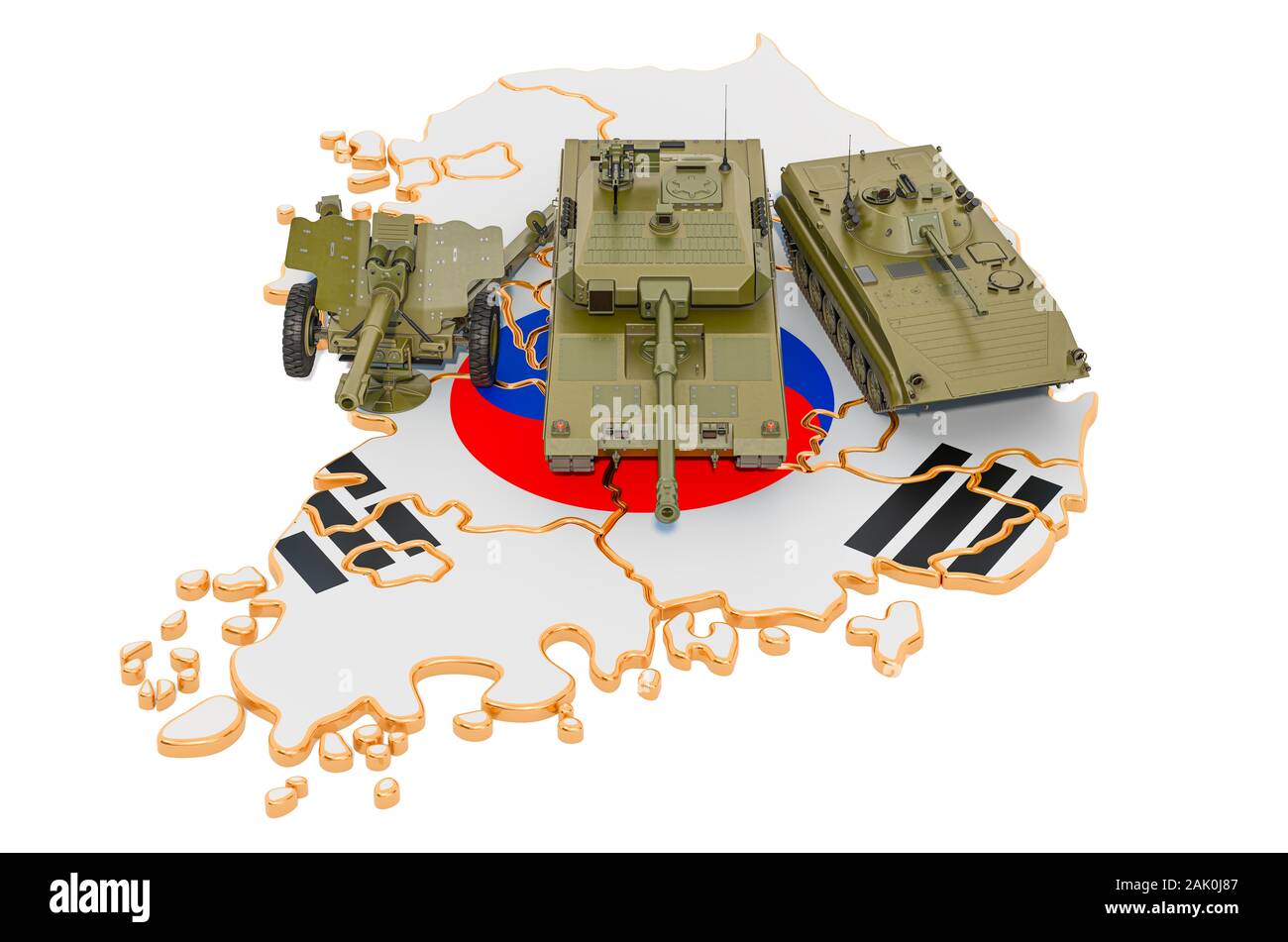 Combat vehicles on South Korean map. Military defence of South Korea concept, 3D rendering isolated on white background Stock Photo