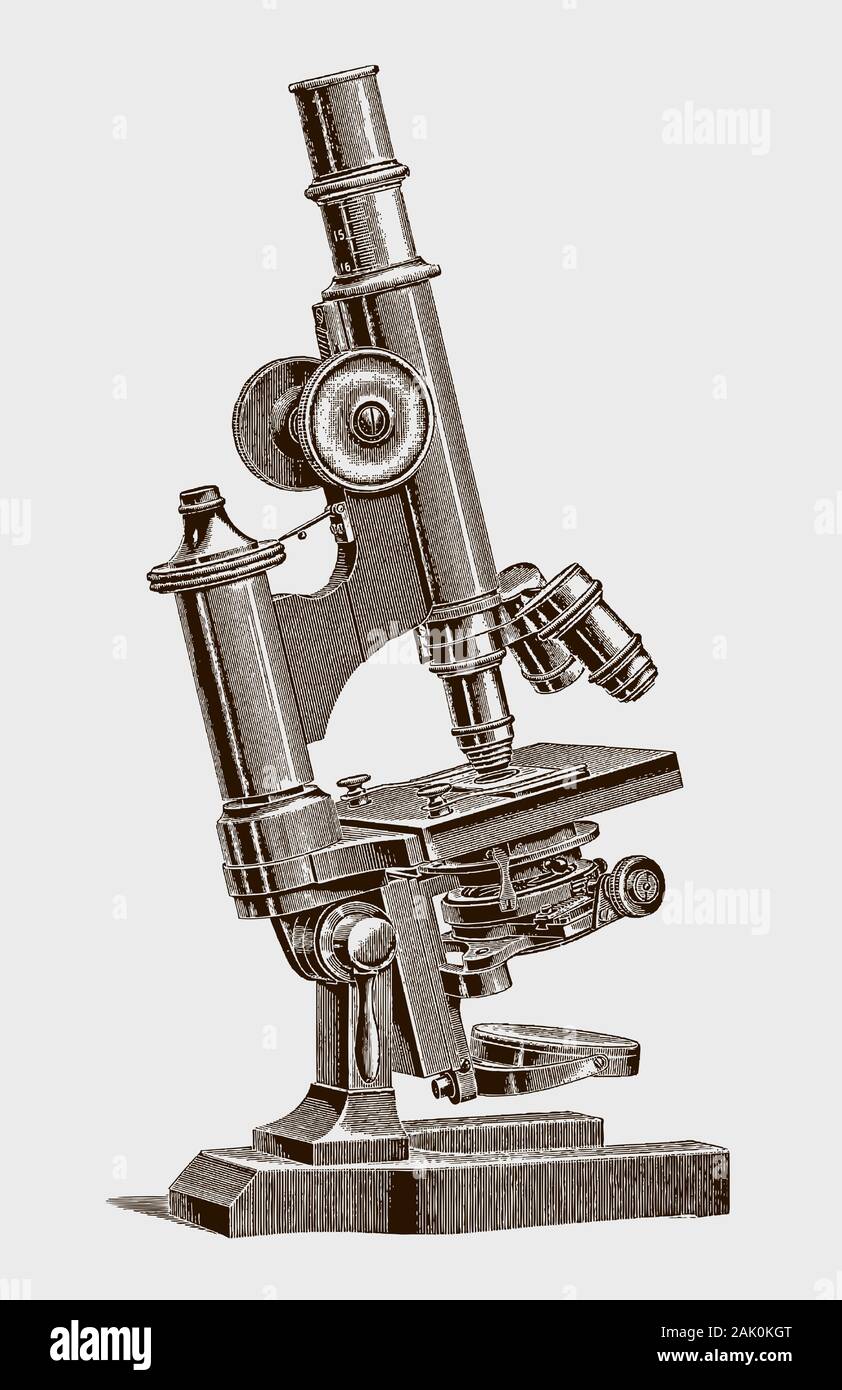 Large inclinable optical microscope with a square stage. Illustration after a historical engraving from the 19th century Stock Vector