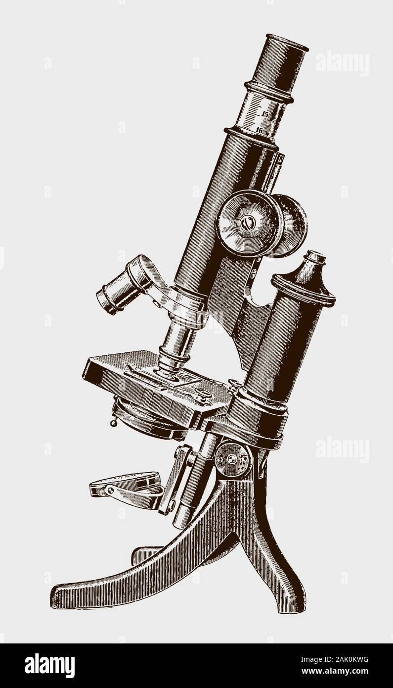 Medium sized inclinable optical microscope with a tripod foot. Illustration after a historical engraving from the 19th century Stock Vector
