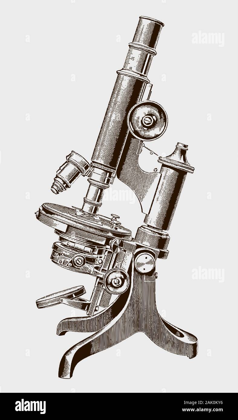 Large optical microscope with an english foot. Illustration after a historical engraving from the 19th century Stock Vector