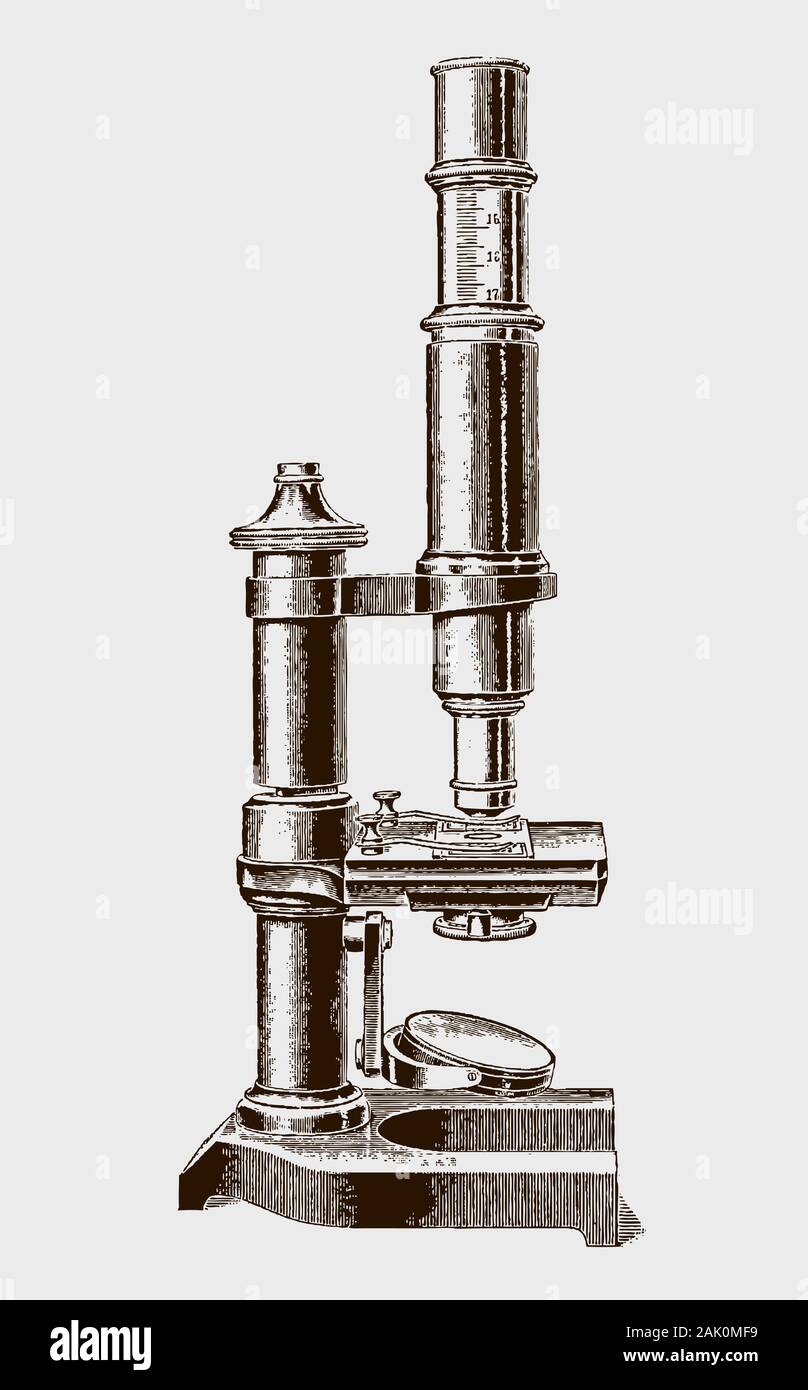 Medium sized non-inclinable optical microscope. Illustration after a historical engraving from the 19th century Stock Vector