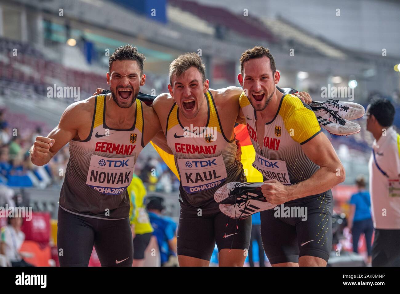 DOHA - QATAR - OCT 3: Tim Nowak, Niklas Kaul and Kai Kazmirek of Germany  competing in the 1500m Decathlon on day 7 of the 17th IAAF World Athletics  Ch Stock Photo - Alamy