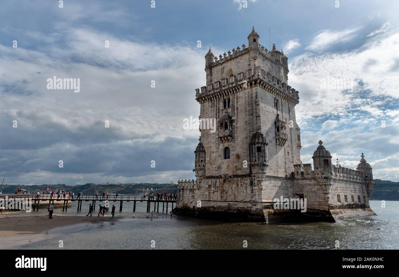 The landmark of  Belem Tower  at Tagus River, in Lisbon  Portugal Stock Photo