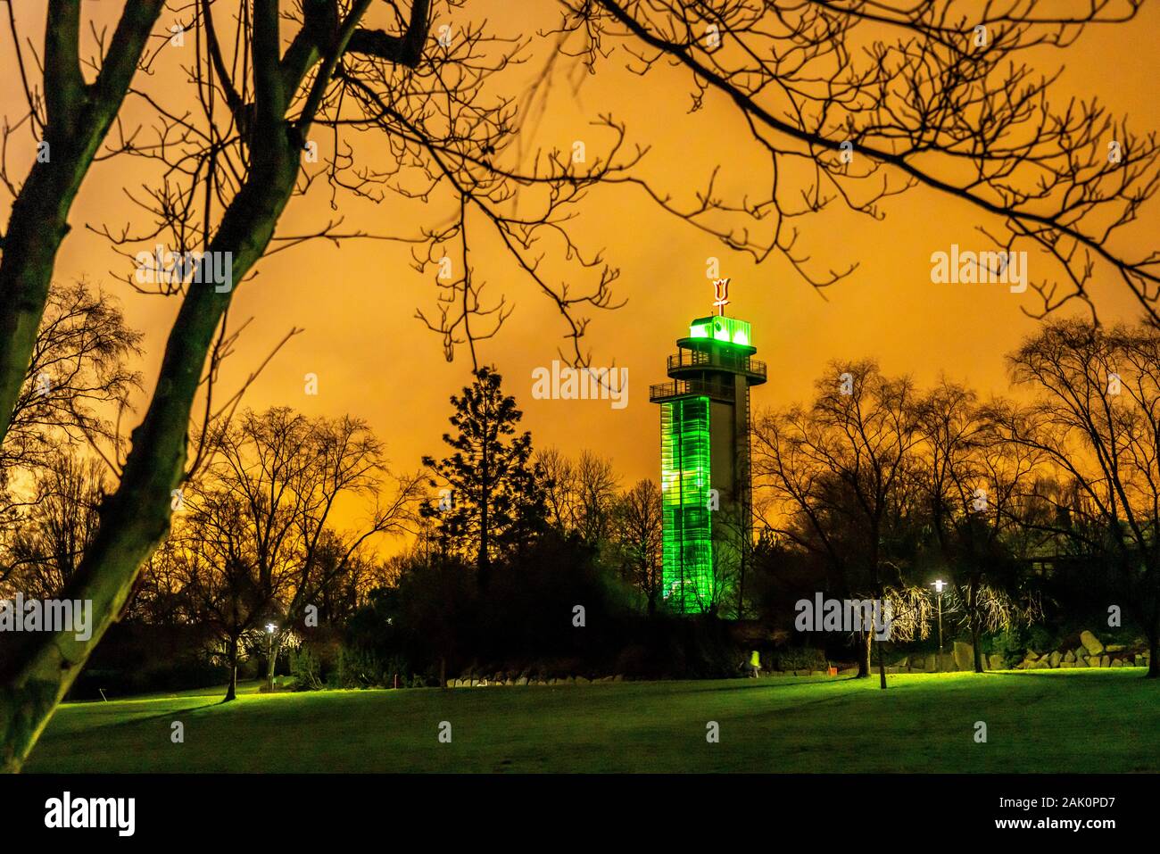 The Grugapark, landscape Park, evenings, in winter, The Grugaturm, Observation Tower, Essen, Germany, Stock Photo