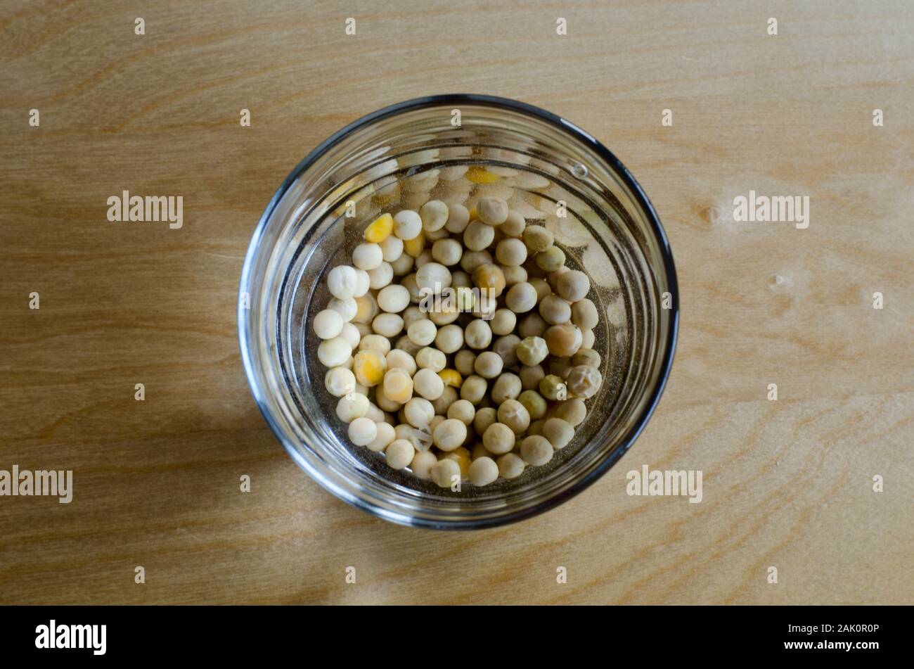 Chickpeas soaking in water in a glass on a wooden table. Focused background Stock Photo
