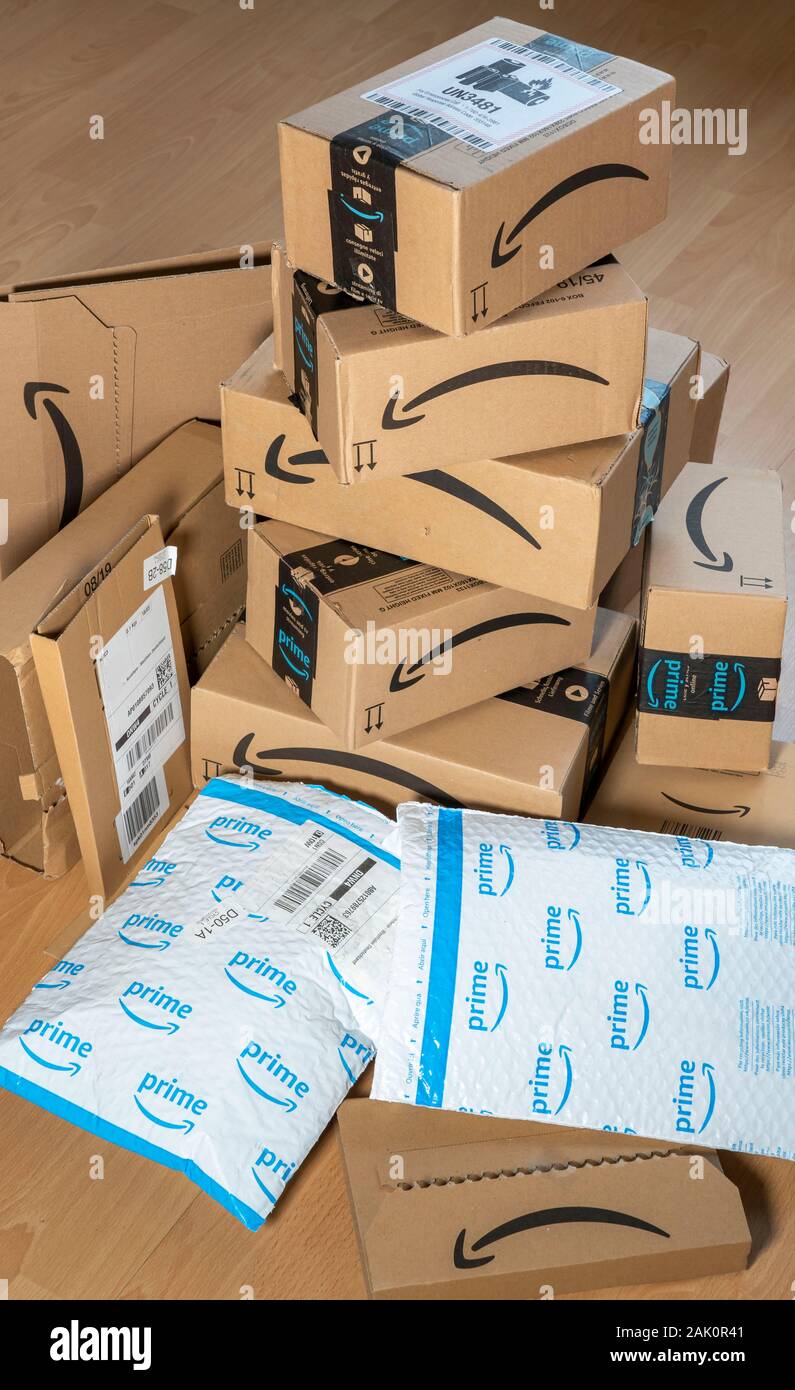 Packages from online mail order company Amazon, various packaging, Amazon Prime Stock Photo