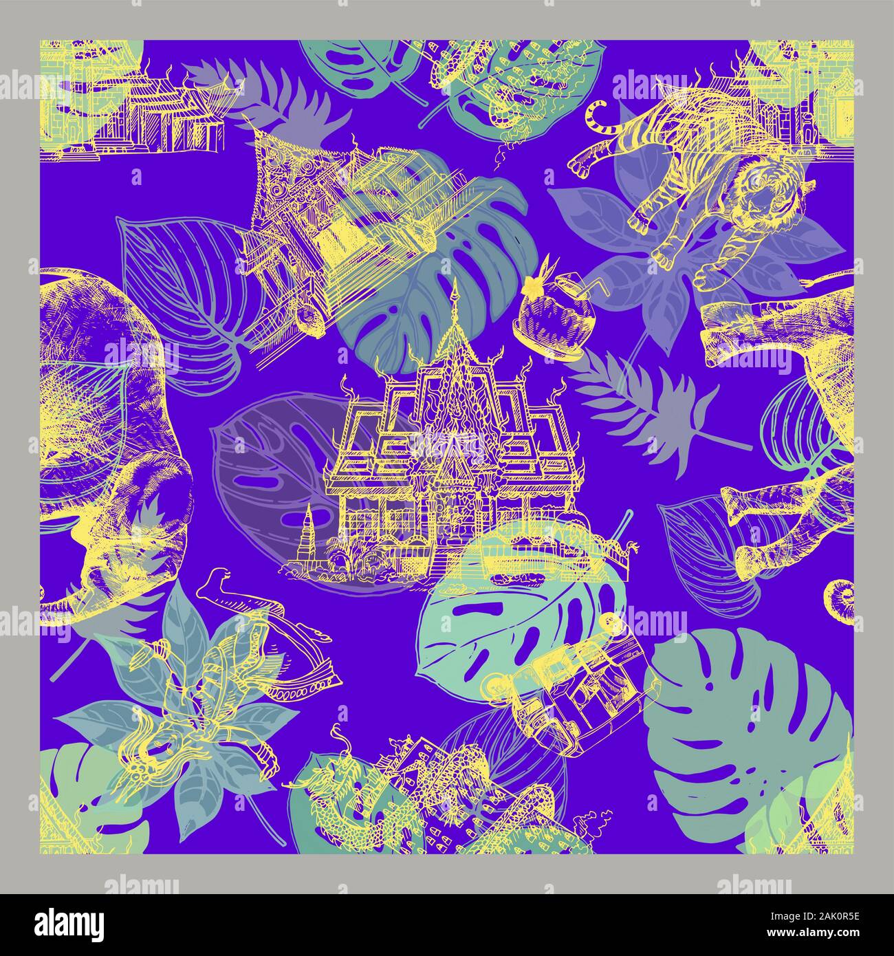 Seamless pattern of hand drawn sketch style Thailand related objects isolated on violet background. Vector illustration. Stock Vector