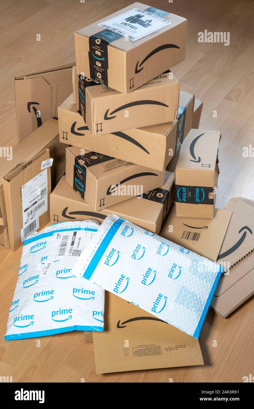 Packages from online mail order company Amazon, various packaging, Amazon Prime, Stock Photo