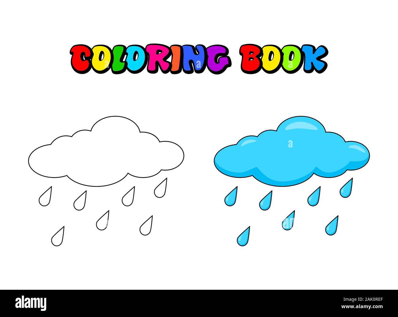 Cloud with rain drops Coloring book for children. Vector water drops outline illustration. Weather forecast coloring page for preschool kids Stock Vector