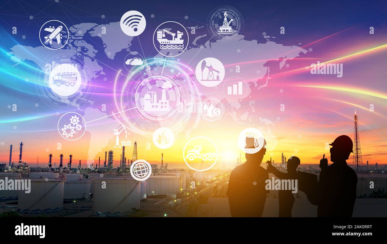 Silhouette of the engineering team is working at the oil refinery and icons connecting networking using industry concept Stock Photo