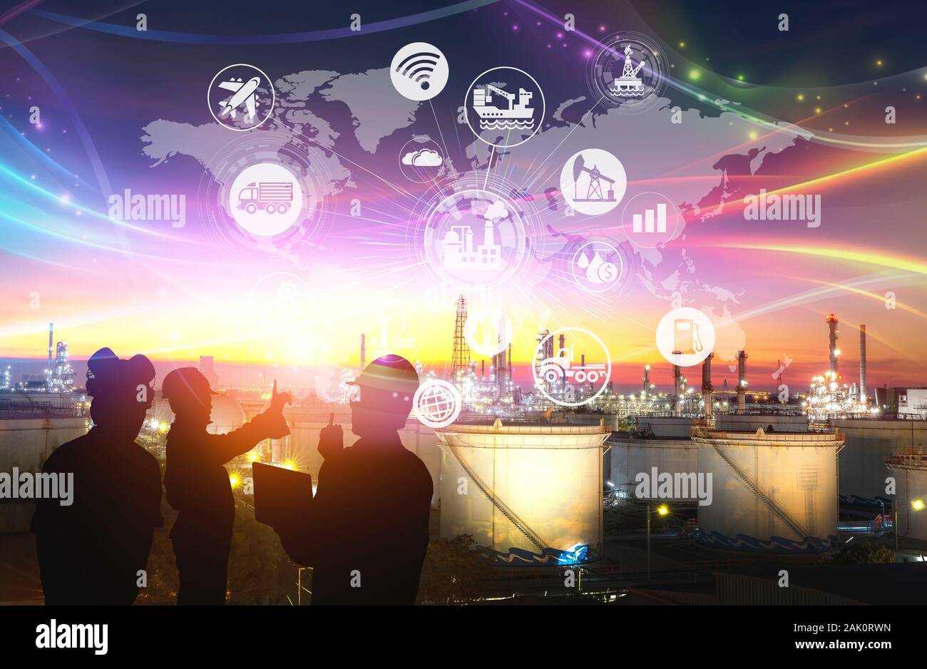 Silhouette of the engineering team is working at the oil refinery and icons connecting networking using industry concept Stock Photo