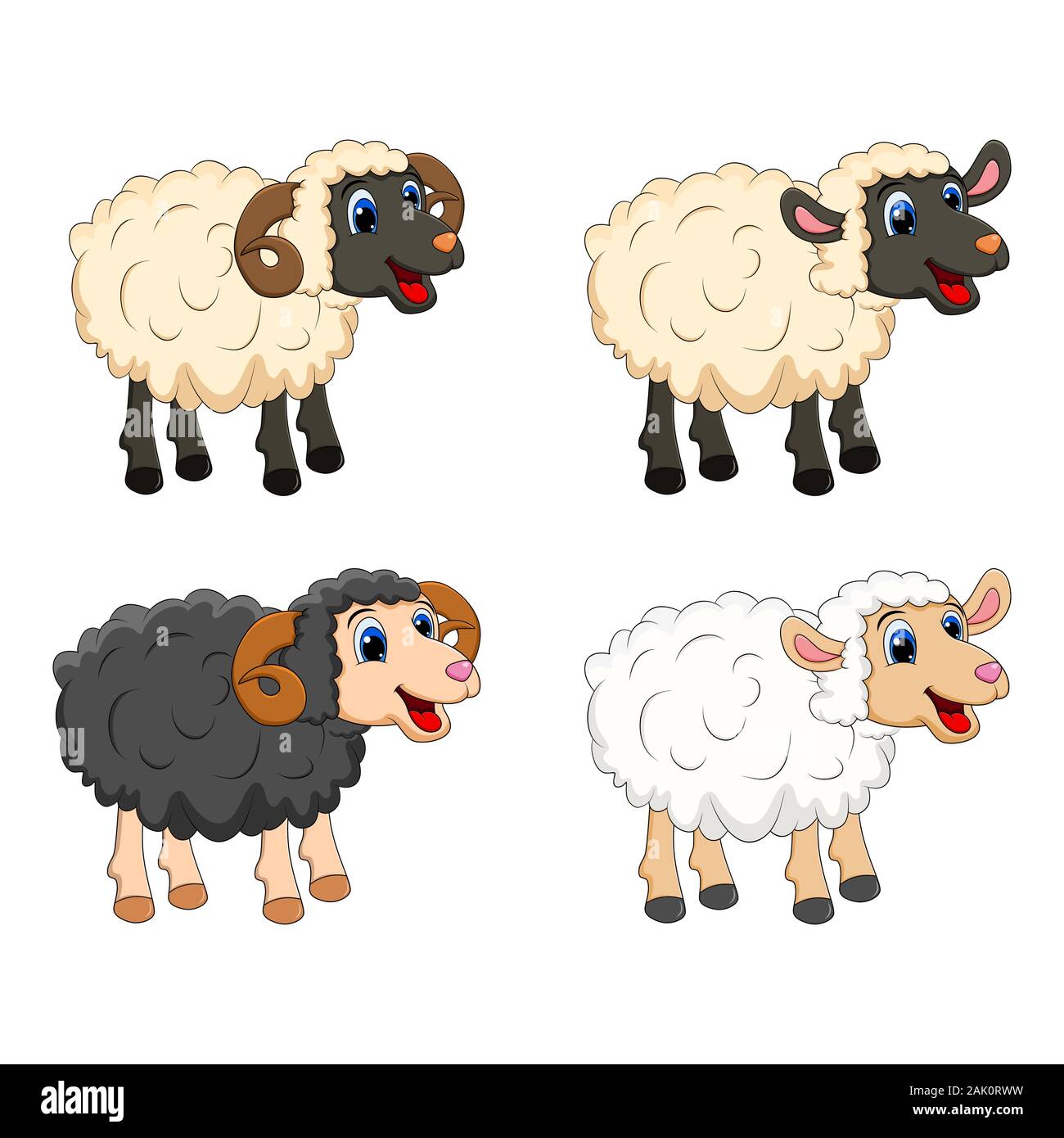 Farm animal group. white  Sheep, lamb,  black ram   design isolated on white background. Cute cartoon animals collection Vector illustration Stock Vector
