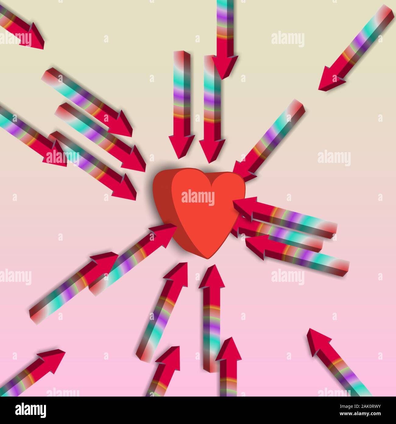 Red heart is shot by vivid multicolored arrows from everywhere ...