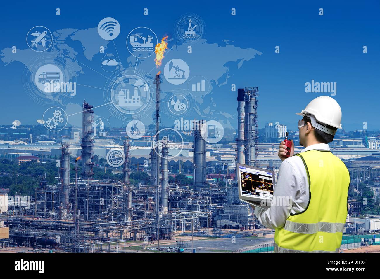 Double exposure of engineers holding walkie talkie are working orders the oil and gas refinery plant and offshore drilling. Industry petrochamical con Stock Photo