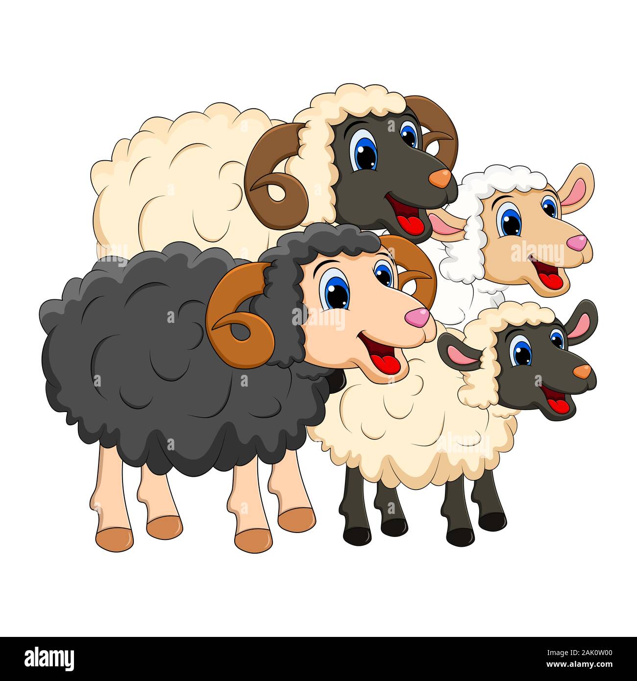 Farm animal group family. white  Sheep, lamb,  black ram   design isolated on white background. Cute cartoon animals collection Vector illustration Stock Vector