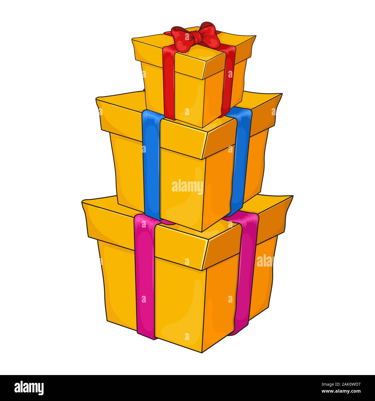 Heap of gift boxes. Pile of wrapped gifts for Christmas, Birthday. Presents group with wrapping ribbon bow for Birthday party, anniversary celebration Stock Vector