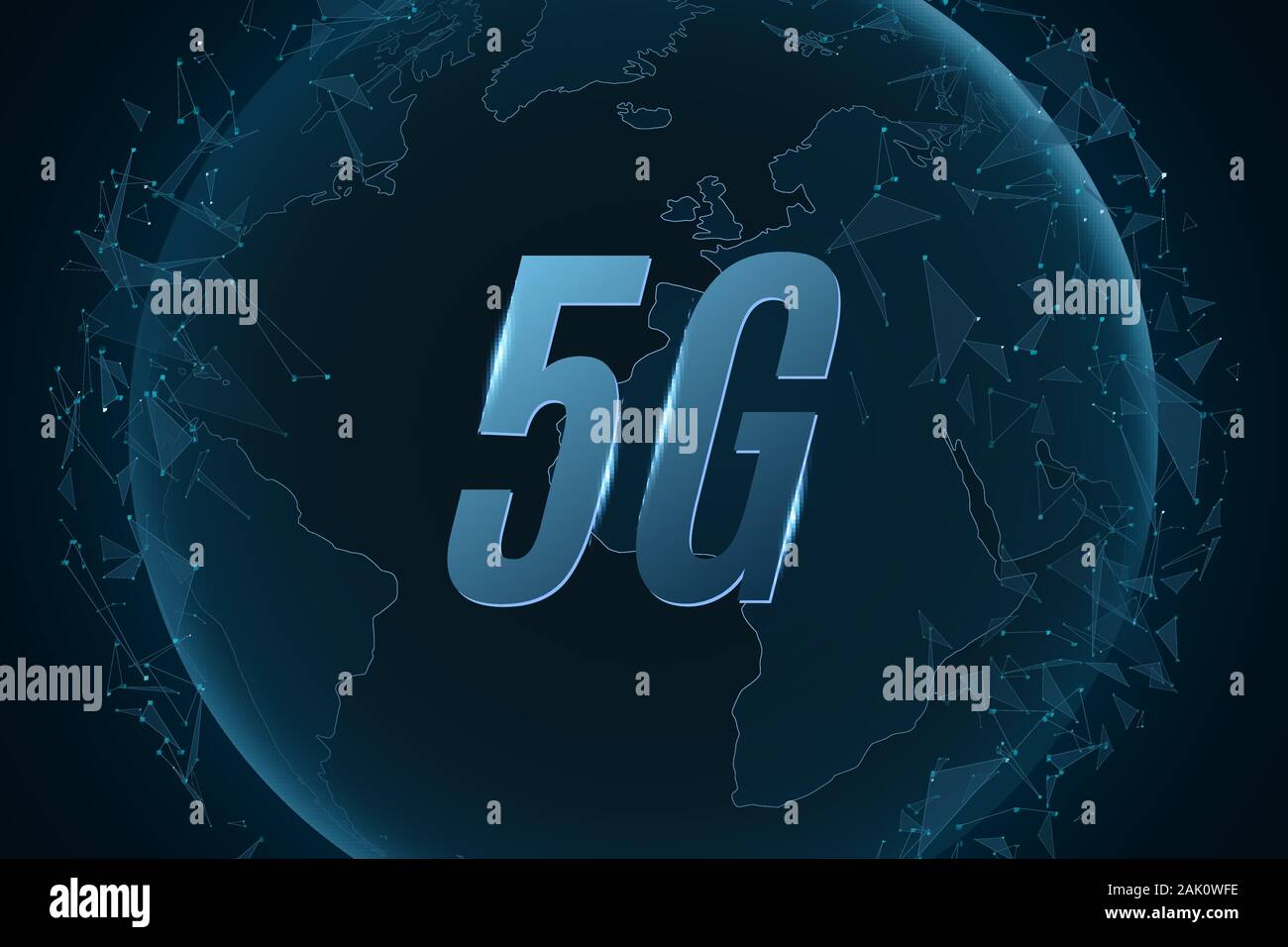 5G network. Map Earth with geometric particles. Flying triangles. Modern technology