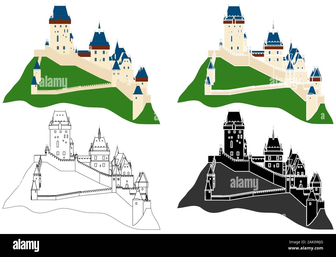 Karlstein castle colored and outline. Stock Vector
