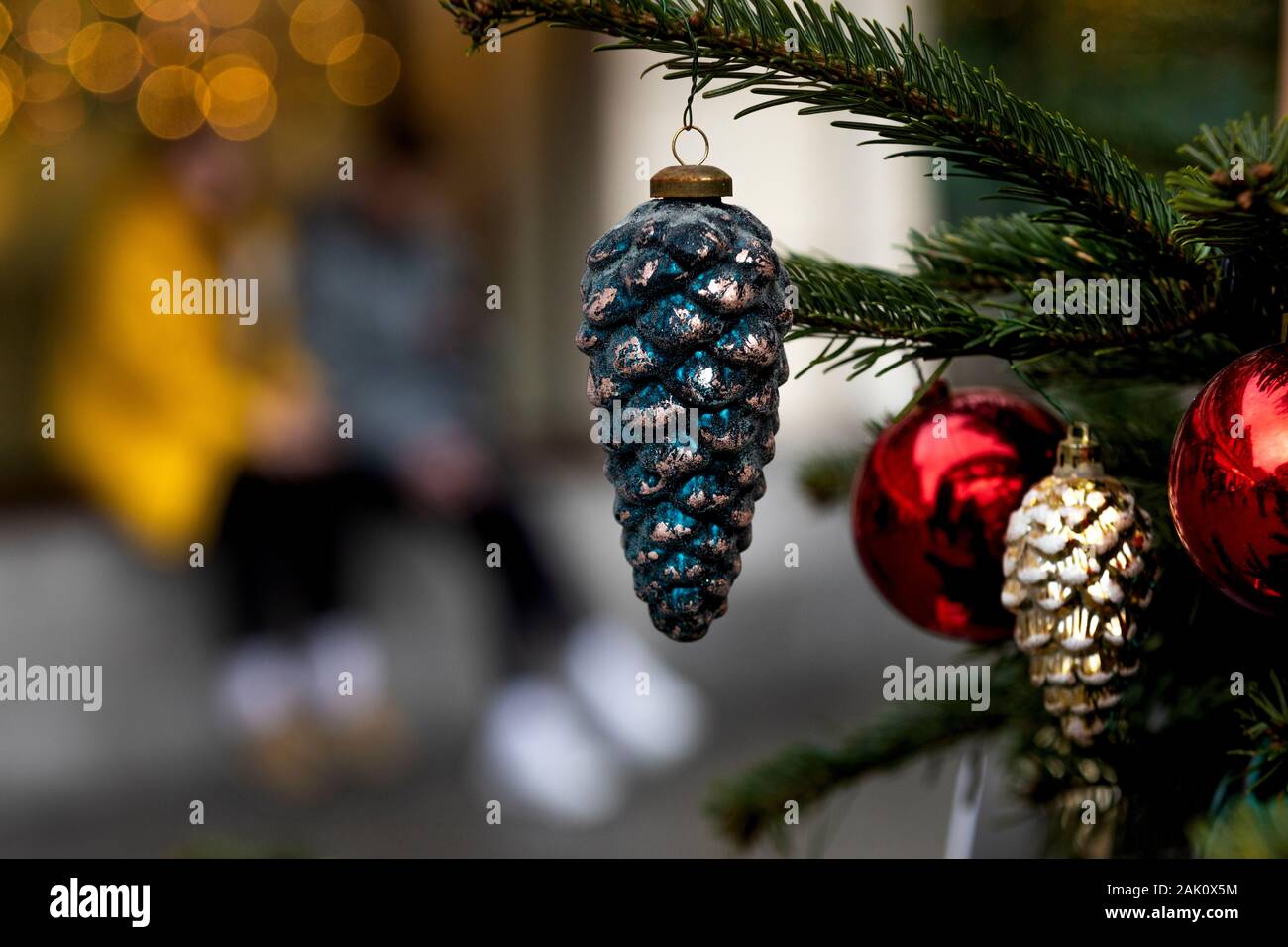 Christmas tree toy hanging on a street Christmas tree in central Moscow, Russia Stock Photo