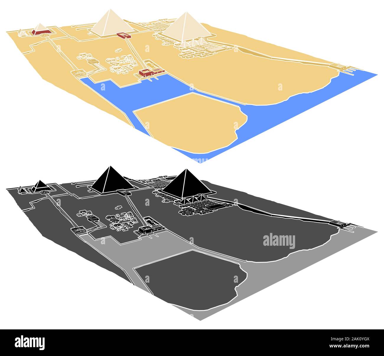 Giza Necropolis in perspective view without outline. Stock Vector