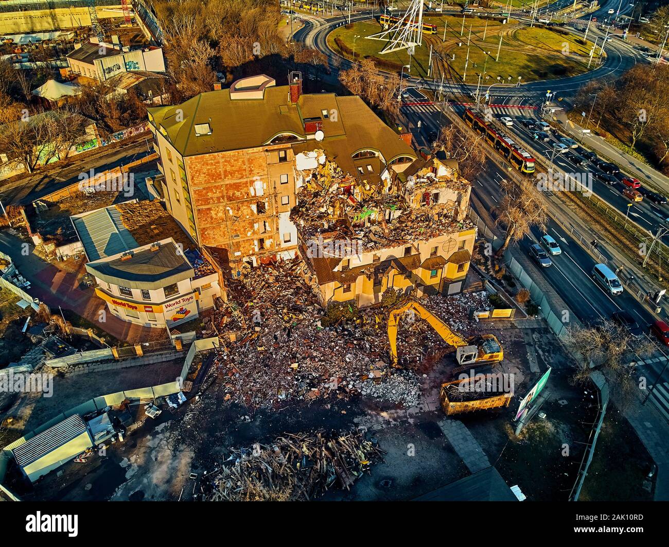 Beautiful panoramic aerial drone view to the demolition of "Czarny Kot"  (Black Kat) - the most famous illegal building contract in Warsaw, Poland -  in Stock Photo - Alamy