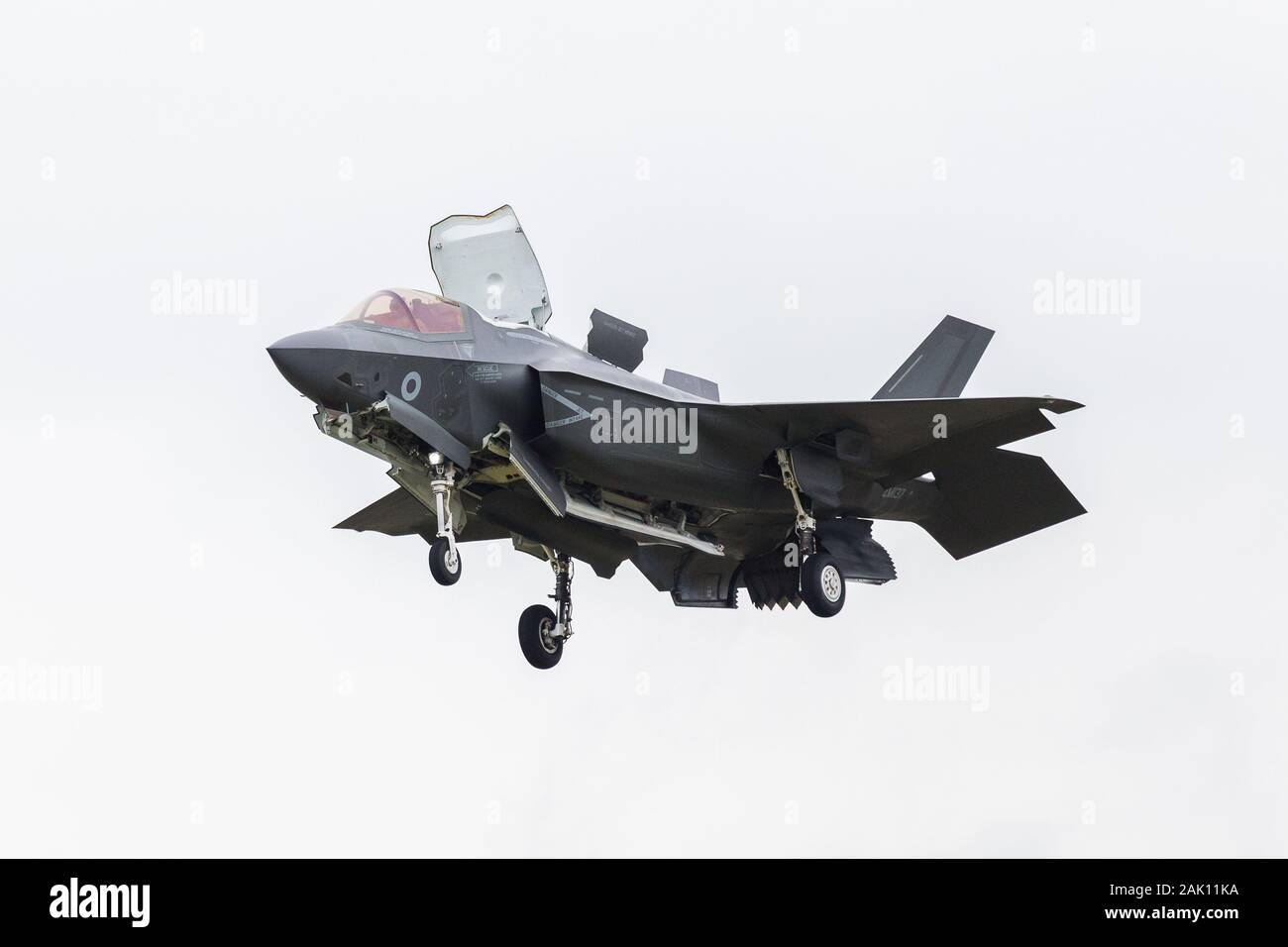 RAF F-35B stealth fighter hovers above the runway in July 2016 seen at the Royal International Air Tattoo, Gloucestershire in England. Stock Photo