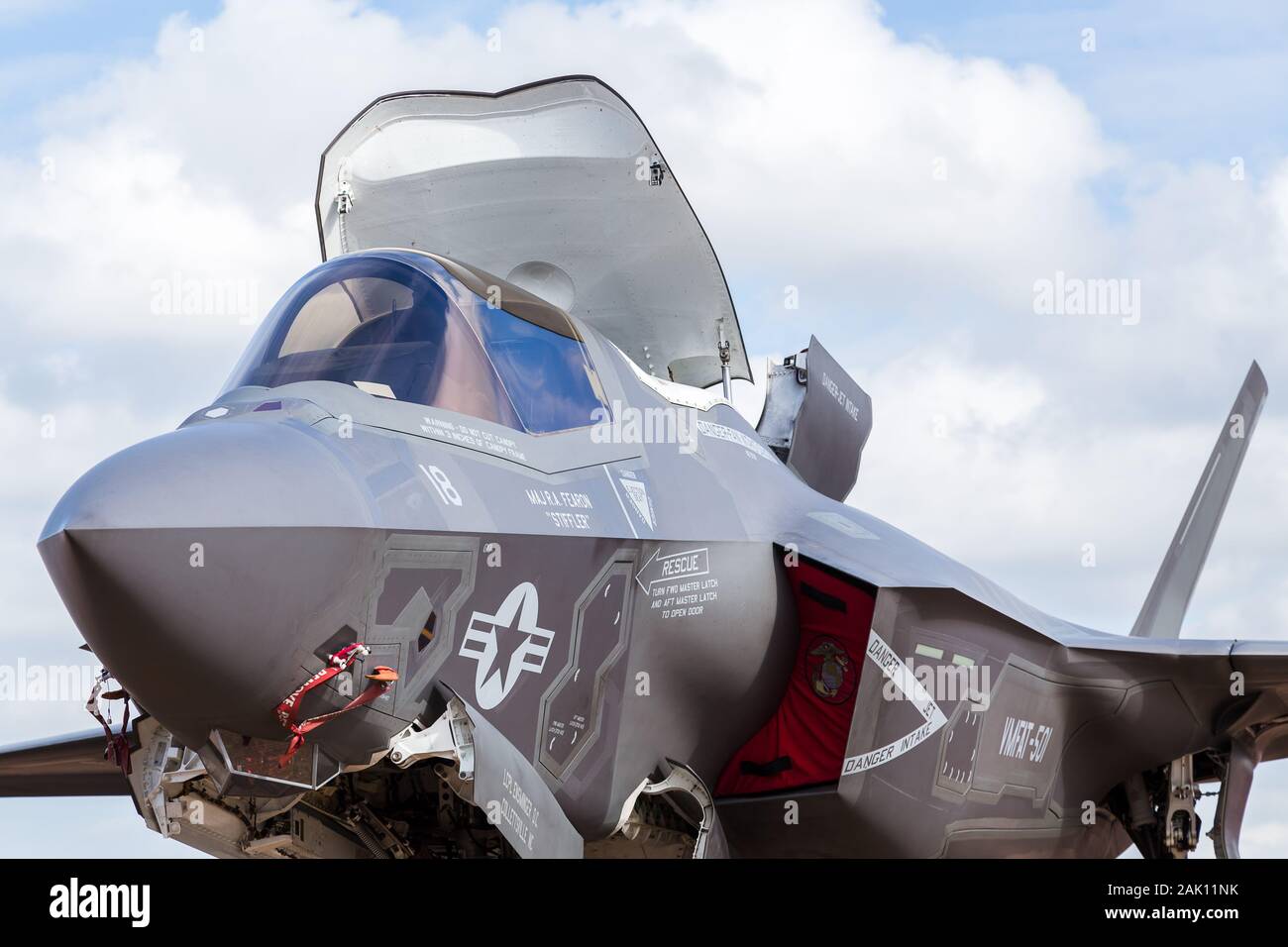 Looking up at an F-35B stealth fighter in July 2016 seen at the Royal International Air Tattoo, Gloucestershire in England. Stock Photo