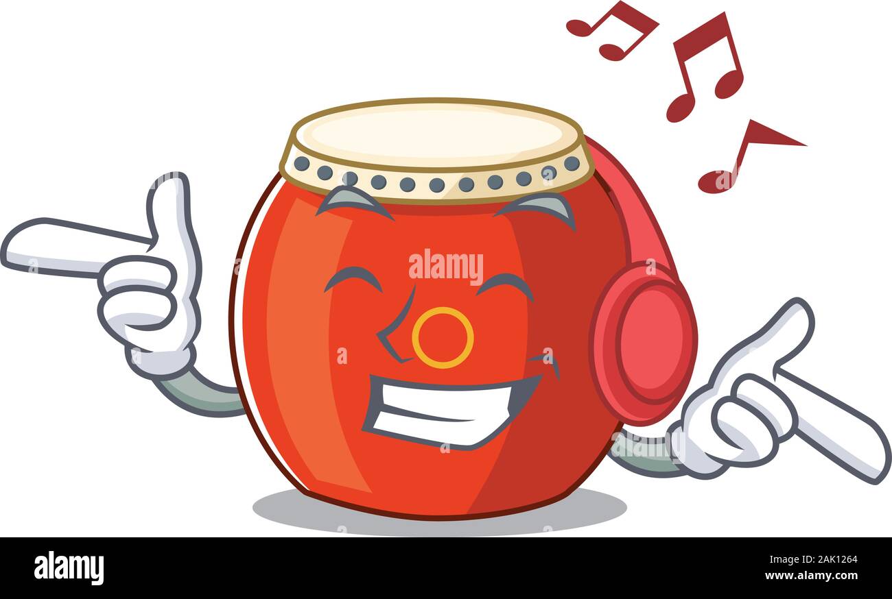 Listening music chinese drum mascot cartoon character design Stock Vector