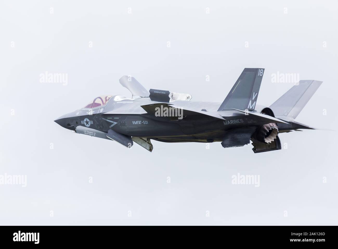 F-35B stealth fighter slows into a hover in July 2016 seen at the Royal International Air Tattoo, Gloucestershire in England. Stock Photo