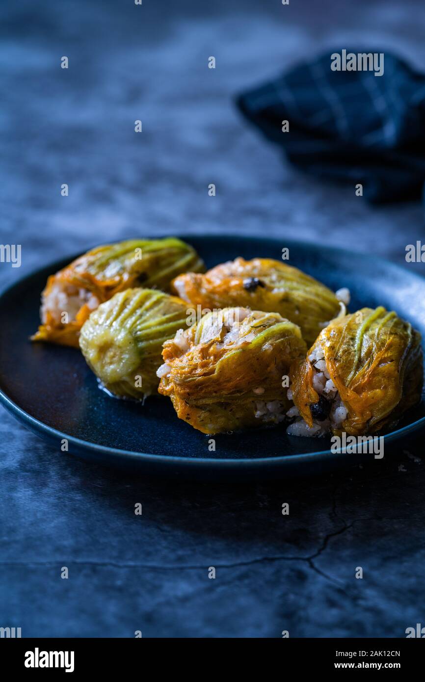 Zucchini Flowers Dolma Stuffed with Rice Pilaf / Turkish Food in Plate